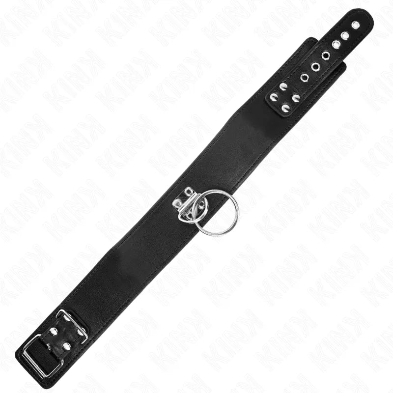 Collier BDSM cuir noir élégant, ajustable, boucle métallique, design raffiné, confort optimal, sécurité et style.