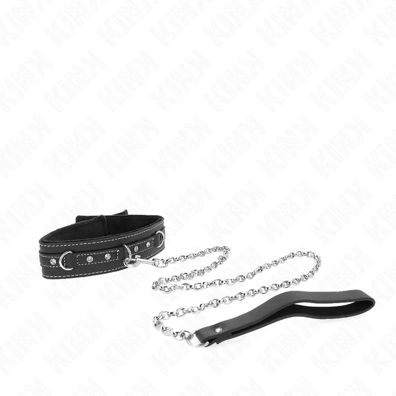 Collier BDSM noir en cuir végétalien avec laisse métallique, design élégant et robuste, idéal pour jeux de domination.