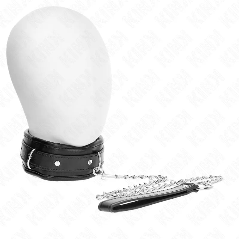 Collier BDSM en cuir noir véritable, ajustable, robuste, avec chaîne métallique élégante et boucle de sécurité.
