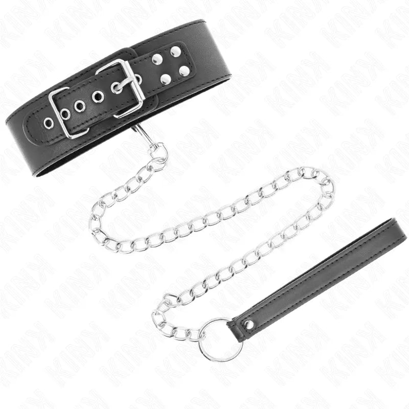 Collier et laisse BDSM en cuir noir, boucle métallique, chaîne argentée, design élégant et robuste.