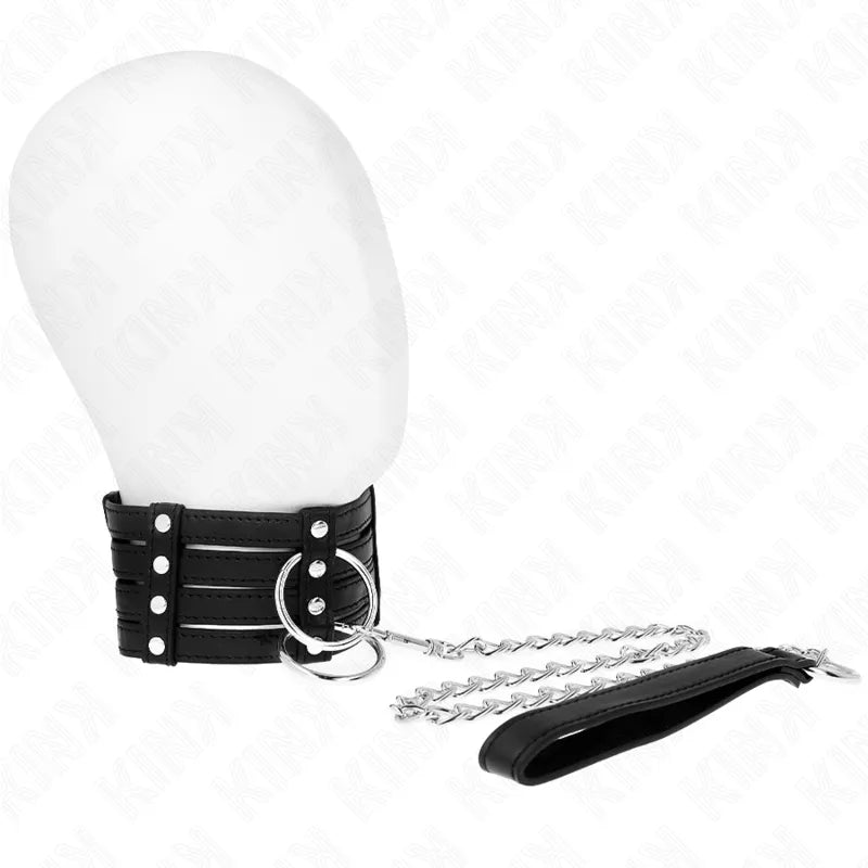 Collier et laisse BDSM en cuir noir, boucles métalliques polies, poignée ergonomique, design élégant et sophistiqué.