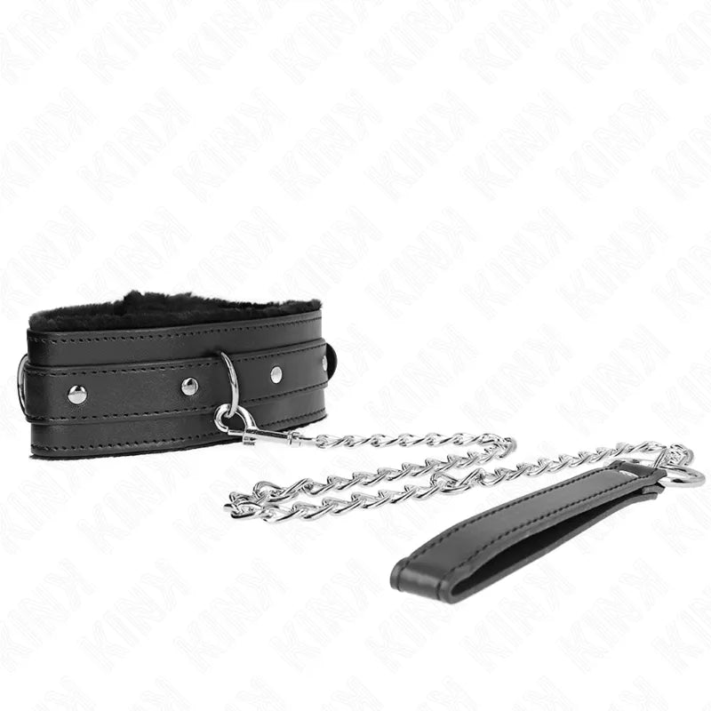 Collier laisse BDSM cuir noir élégant avec chaîne métallique, détails sophistiqués, ajustable et personnalisable.