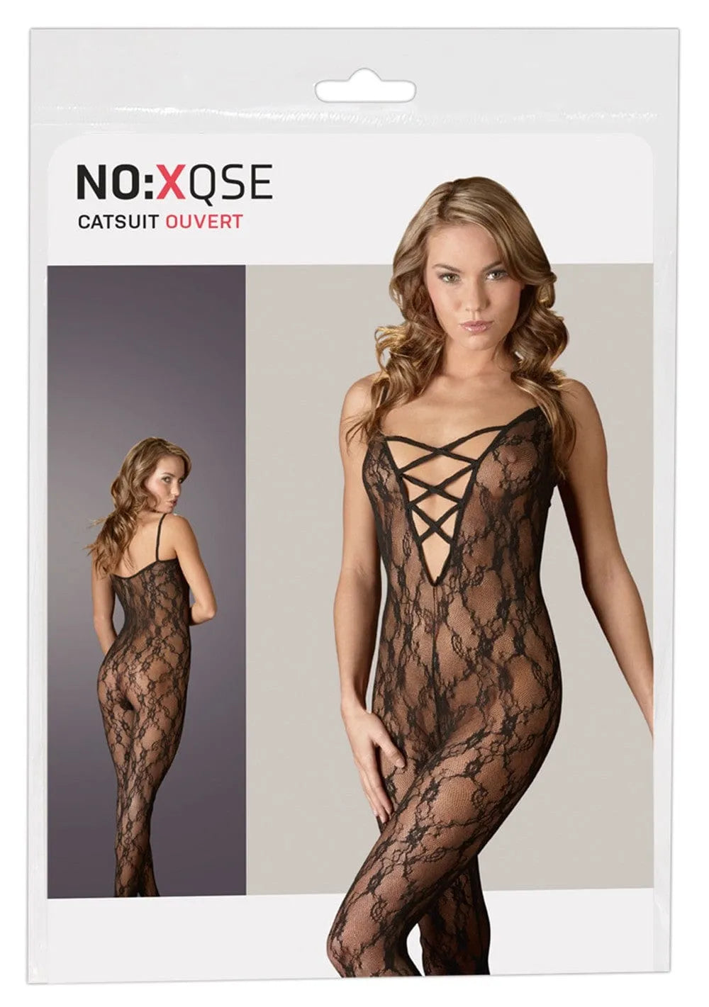 Combinaison collant femme dentelle noire, décolleté profond, bandes croisées, ouverture entrejambe, élégante et séduisante.
