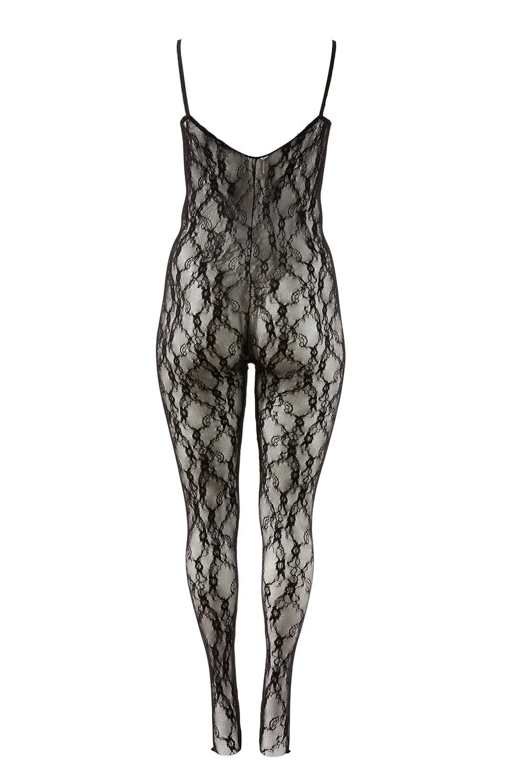 Combinaison collant femme dentelle noire, décolleté profond, bandes croisées, ouverture entrejambe, élégante et séduisante.