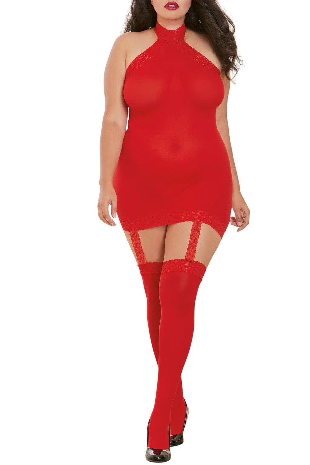 Combinaison rouge grande taille avec jarretelles intégrées, bas dentelle, dos ouvert, col haut, style guêpière séduisant.