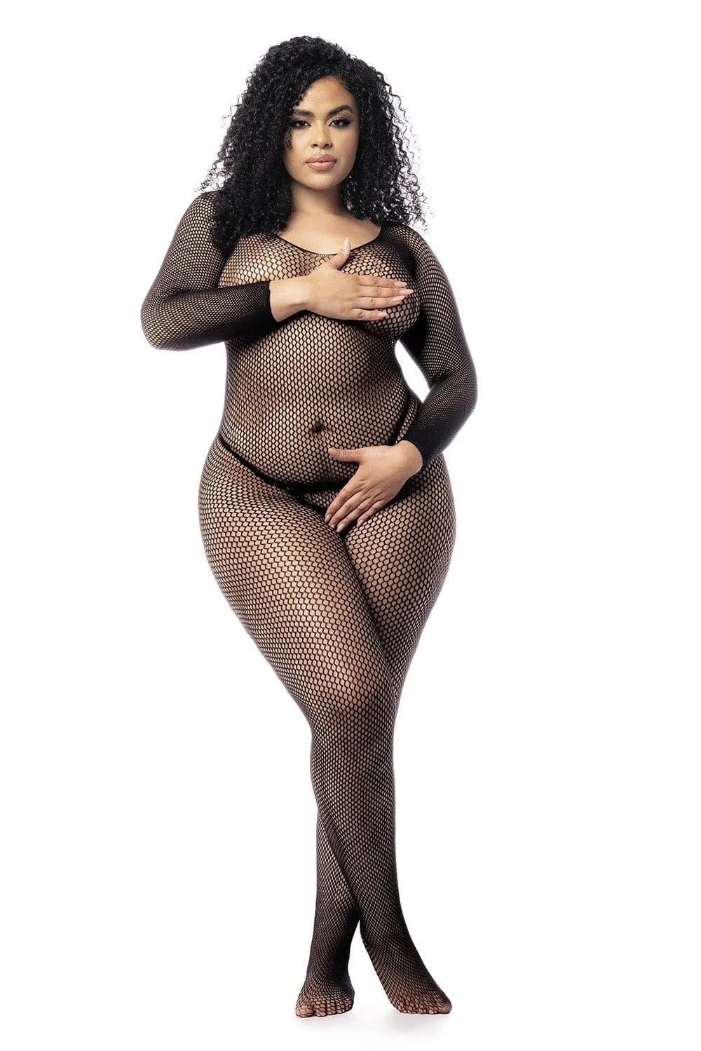 Combinaison résille noire grande taille, manches longues, décolleté prononcé, moulante, élégante et sensuelle.