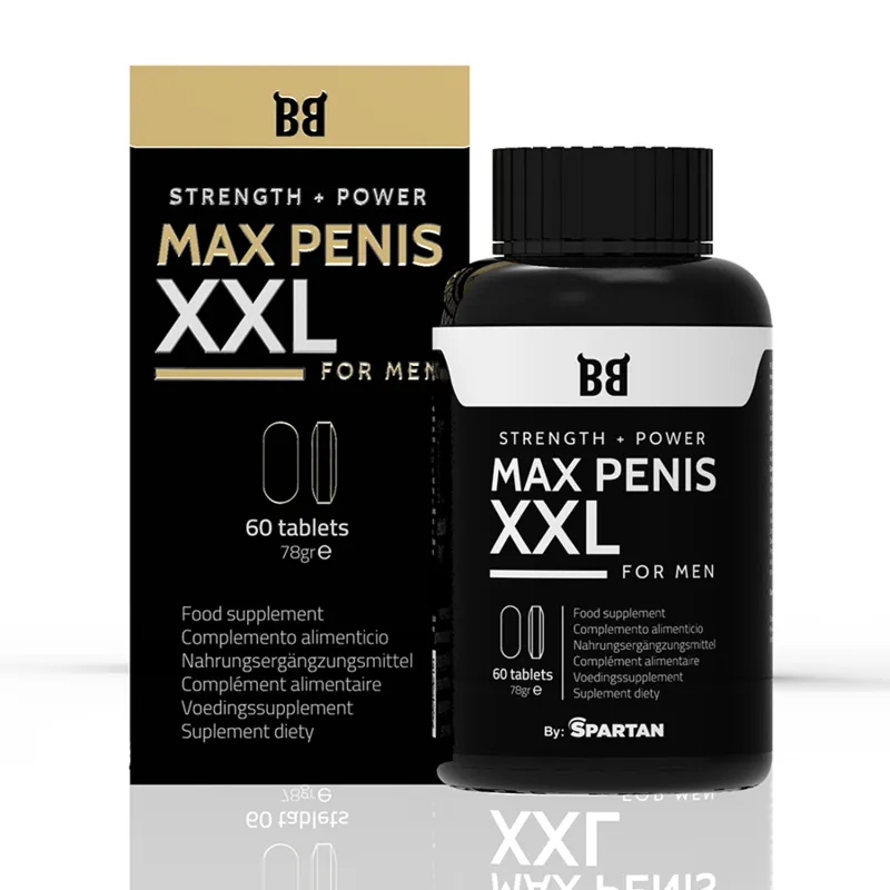 Boîte noire et flacon de compléments MAX PENIS XXL pour hommes, 60 comprimés, amélioration circulation sanguine.
