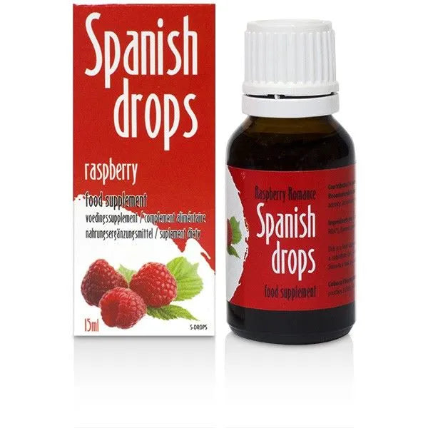 Flacon aphrodisiaque 15ml, étiquette rouge, saveur framboise, stimulant désir, vitamines, absorption rapide.