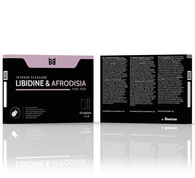 Boîte noire et rose de compléments alimentaires féminins LIBIDINE & AFRODISIA, 10 gélules, aphrodisiaque naturel.