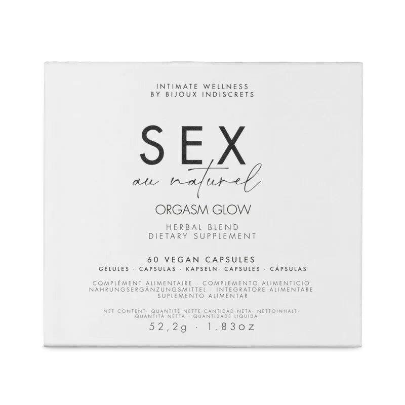 Boîte blanche de complément alimentaire libido, 60 capsules végétales, avec texte noir Sex au naturel et détails en anglais.
