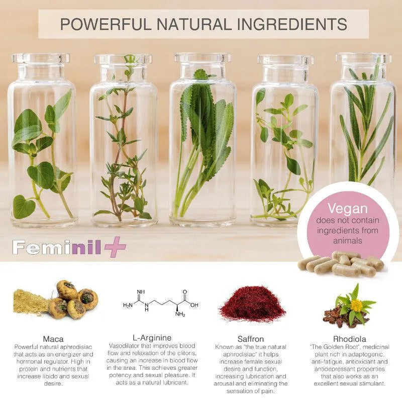 Flacons transparents d'ingrédients naturels pour libido féminine, étiquetés Feminil+, aphrodisiaque végétalien.