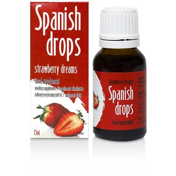 Flacon de complément alimentaire performance sexuelle goût fraise, enrichi L-arginine et Vitamine C, 15ml.
