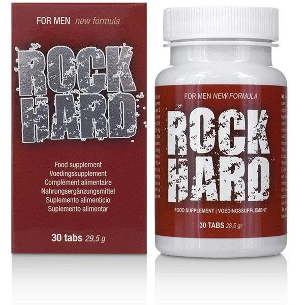 Bouteille blanche et boîte rouge de complément libido masculine Rock Hard, 30 comprimés, ingrédients naturels.