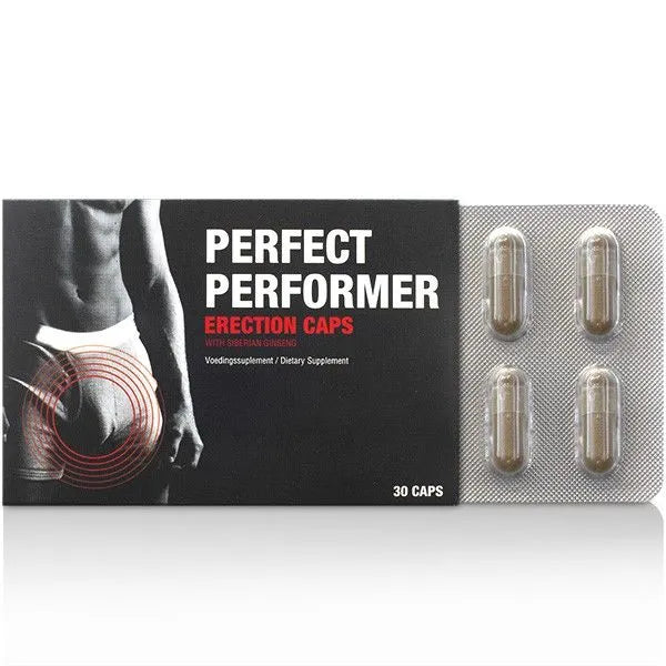 Boîte noire de 30 capsules de ginseng sibérien pour érection, endurance et vitalité, avec silhouette masculine.