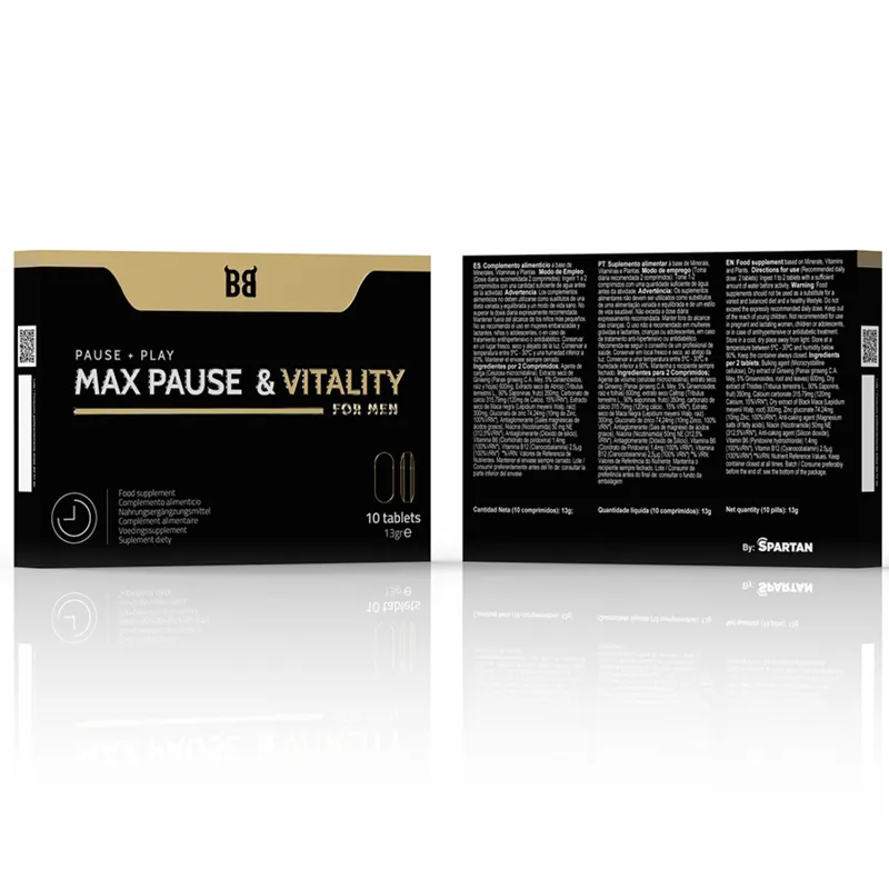 Boîte noire et dorée de Max Pause & Vitality, complément retardant éjaculation, 10 comprimés pour performance sexuelle.