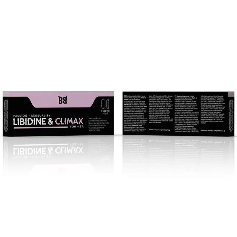 Boîte noire et rose de complément naturel Libidine & Climax pour libido féminine, ménopause, stimulation et confort.