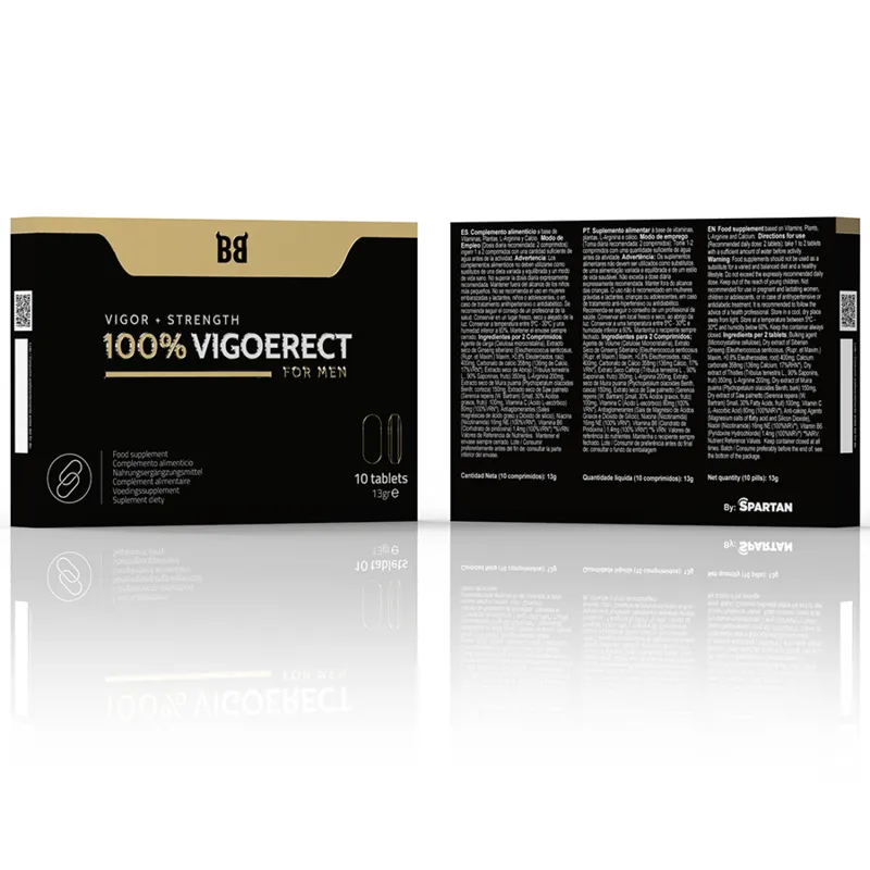 Boîte noire et dorée de comprimés Vigoerect pour hommes 30+, amélioration érection, ingrédients naturels, 10 comprimés.