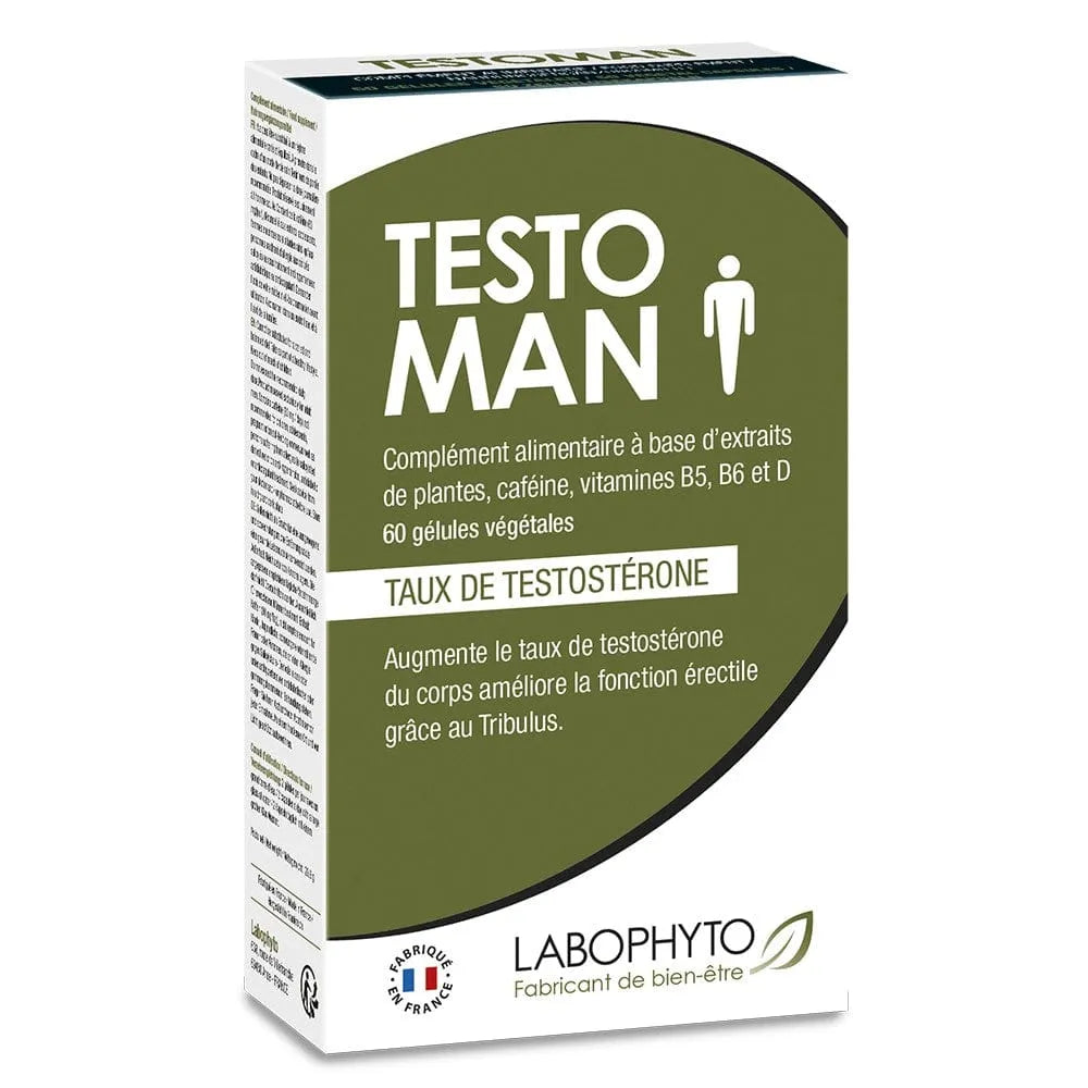 Complément Testostérone Homme Endurance Sexuelle TestoMan Naturel Tribulus Guggul Vitamines B6 B5 Gélules Végétales Fabrication Française Augmentation Virilité Énergie