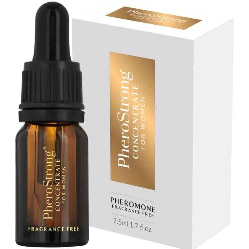 Flacon marron de concentré de phéromones sans parfum pour femmes, boîte blanche, texte doré, attractivité sociale.