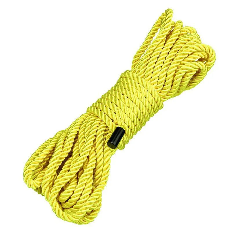 Corde BDSM jaune vif en coton polyester 10m, douceur et résistance, capuchons zinc sans nickel, bondage artistique.