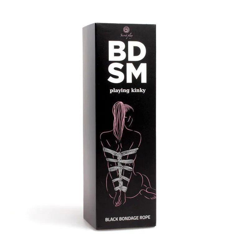 Corde shibari noire soyeuse 10m, coton-polyester, pour bondage BDSM, boîte noire avec illustration artistique.