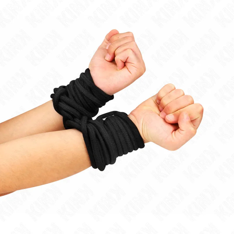 Cordes de bondage noires en coton, 5 mètres, attachées aux poignets, confortables et sécurisées pour débutants.