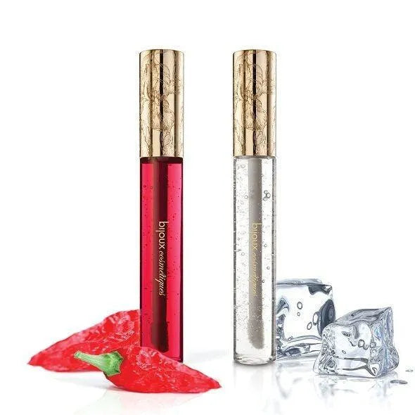 Flacon cosmétique érotique Bijoux Indiscrets, rouge et doré, 13 ml, élégant et sensuel, avec piments et glaçons.