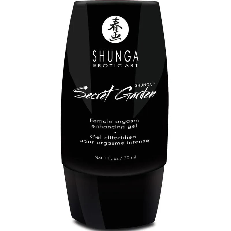 Flacon noir de gel clitoridien Shunga, design élégant, texte blanc, inspiré de l'art érotique japonais, 30 ml.