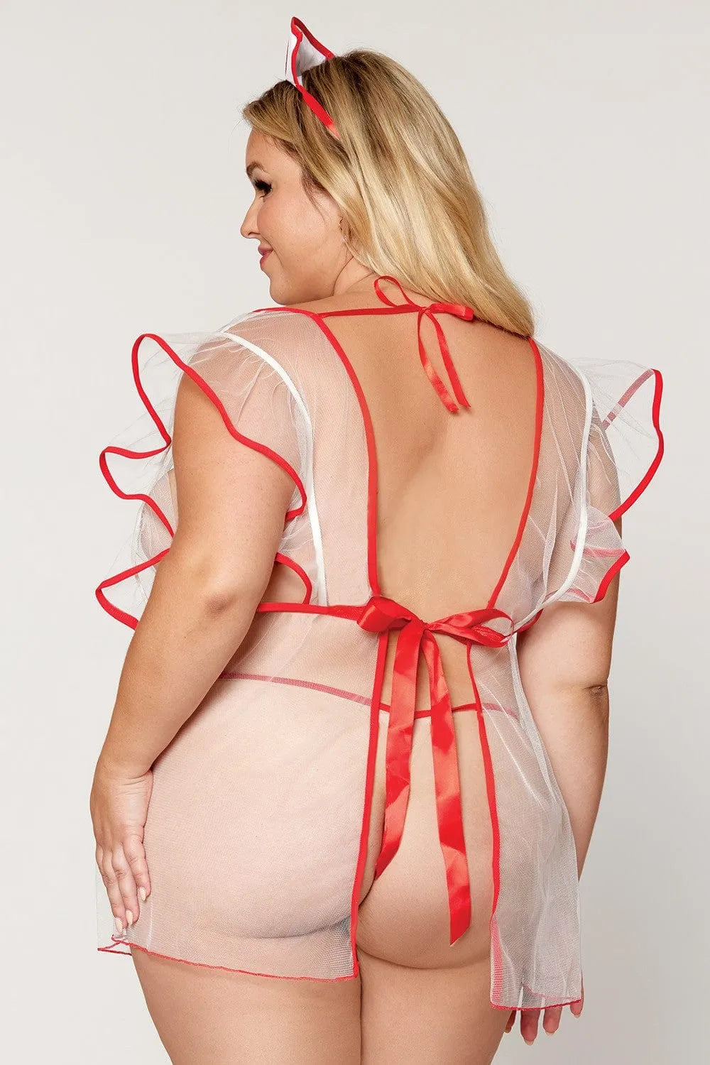 Costume infirmière grande taille résille transparente, manches courtes, décolleté plongeant, dos ouvert, satin rouge.