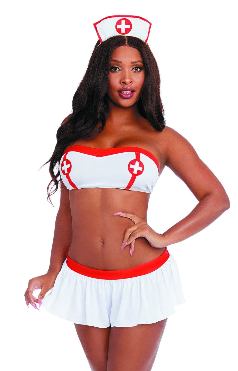 Costume infirmière sexy blanc et rouge avec bandeau, culotte, tablier et coiffe, polyester élasthanne, ajustable et moulant.