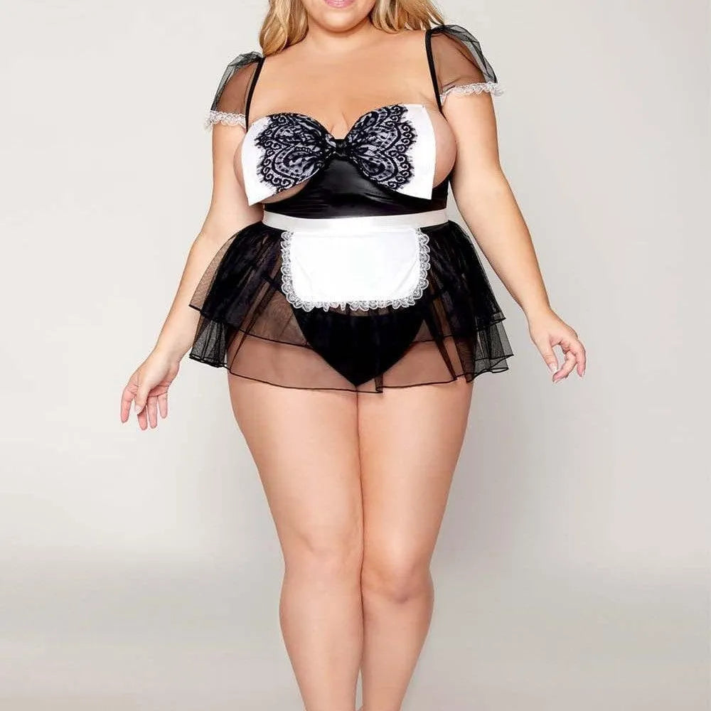 Costume sexy servante grande taille, résille noire, bonnets ouverts, nœud brodé, jupe résille, tablier blanc réglable.