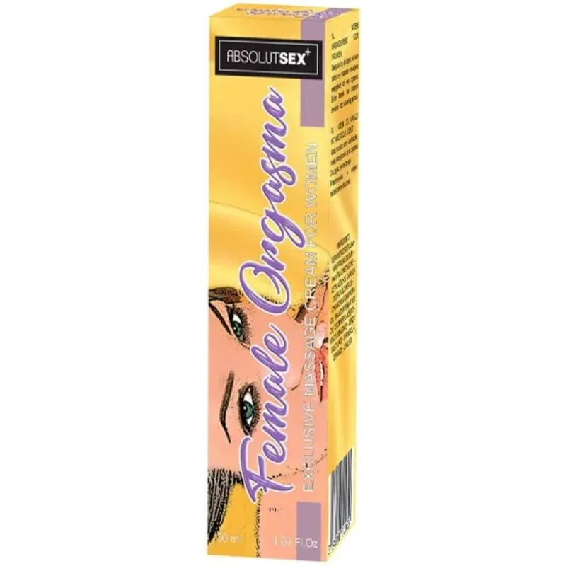 Crème aphrodisiaque féminine AbsolutSex, boîte jaune avec texte violet, ylang ylang et camphre, 50 ml.