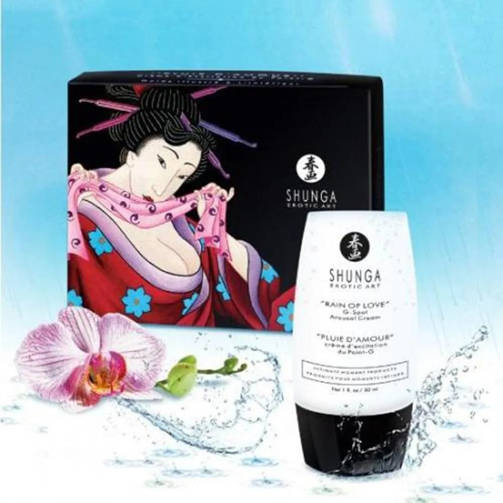 Crème aphrodisiaque féminine, tube blanc, boîte noire illustrée, orchidée rose, stimulation point G, huiles naturelles.