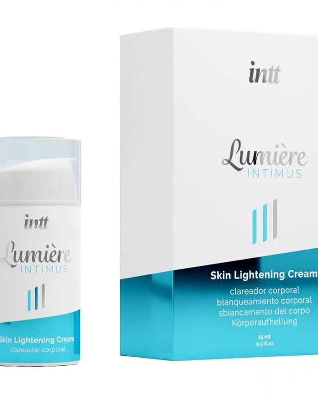 Crème blanchissante zones intimes, flacon blanc et bleu, packaging élégant, éclaircissement rapide et uniforme.