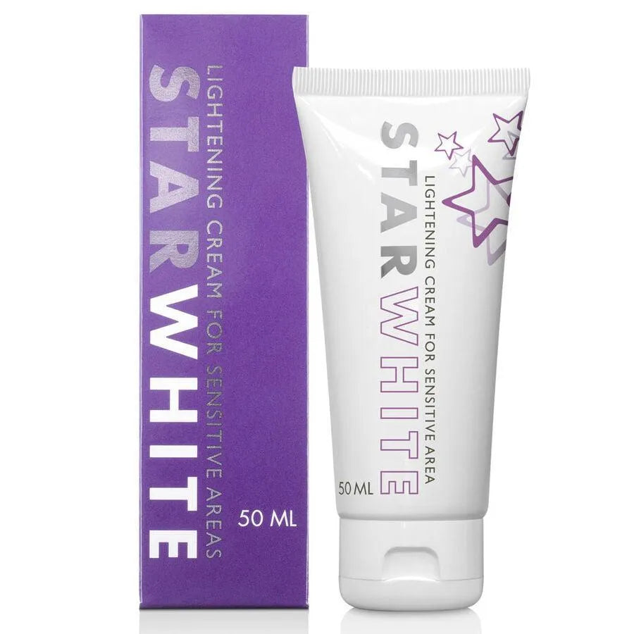 Crème éclaircissante zones intimes, tube blanc 50ml, boîte violette, formule douce pour peaux sensibles, pigmentation.