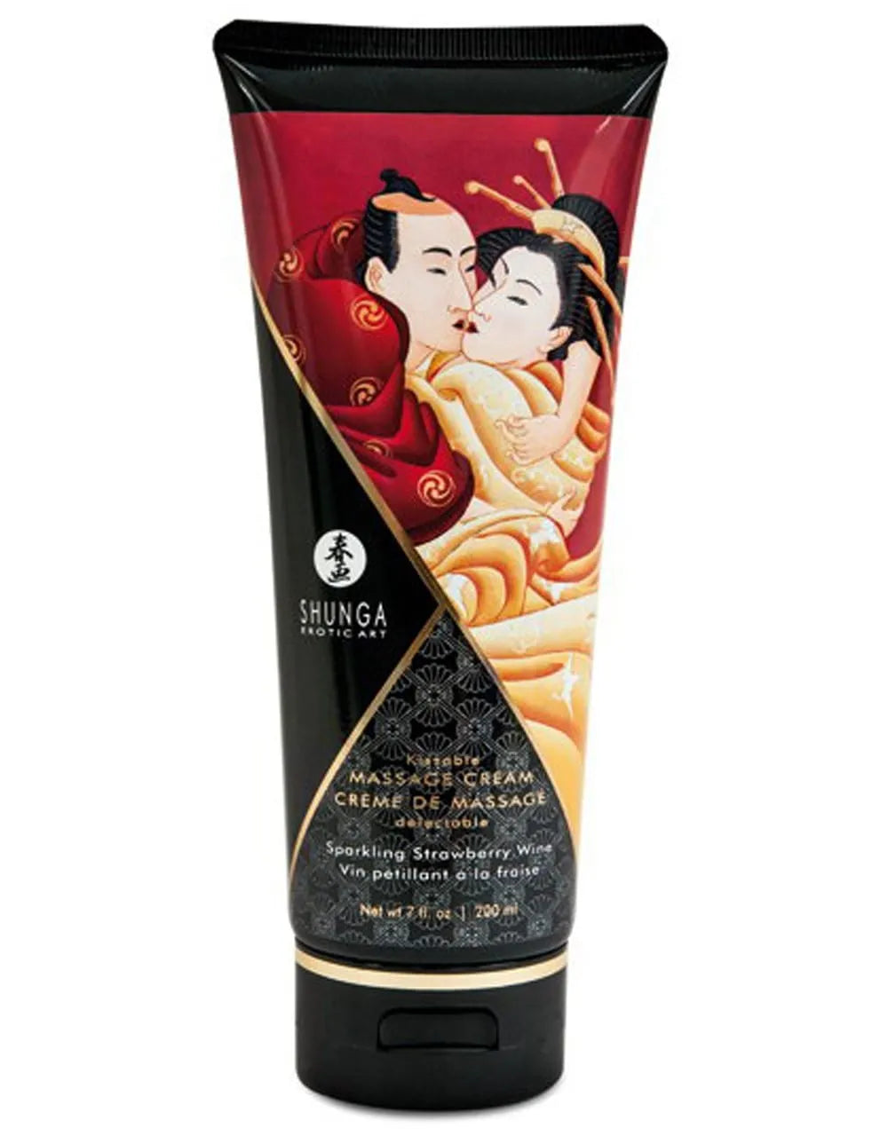 Crème massage fraise vin pétillant 200ml, tube noir et rouge, design artistique, hydratante et parfumée.