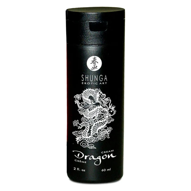 Crème virilité Shunga 60ml, tube noir avec motif dragon, effet feu glace, fraise menthe, compatible latex.