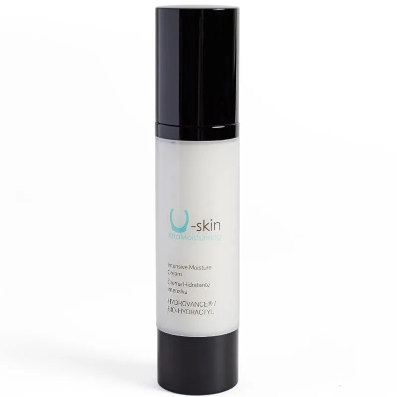 Flacon blanc de crème hydratante U-Skin XtraMoisturizing pour préparation tatouage laser, avec bouchon noir.