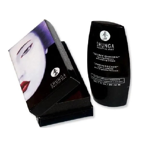Crème sensibilité clitoridienne Shunga 30ml, flacon noir, boîte illustrée visage féminin, effet chaud-froid aphrodisiaque.