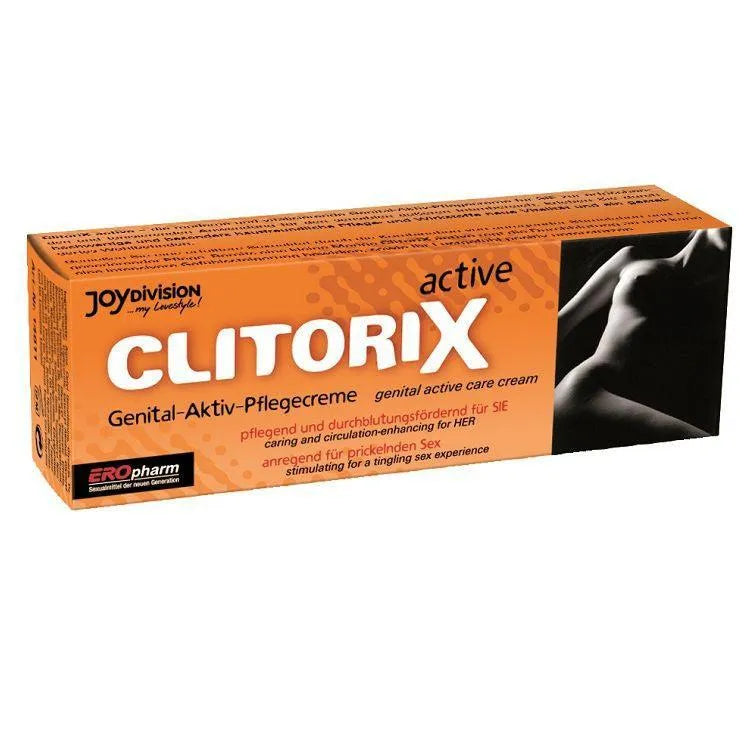 Crème stimulante clitoridienne, boîte orange, texte noir, image silhouette féminine, soin intime peau sensible.