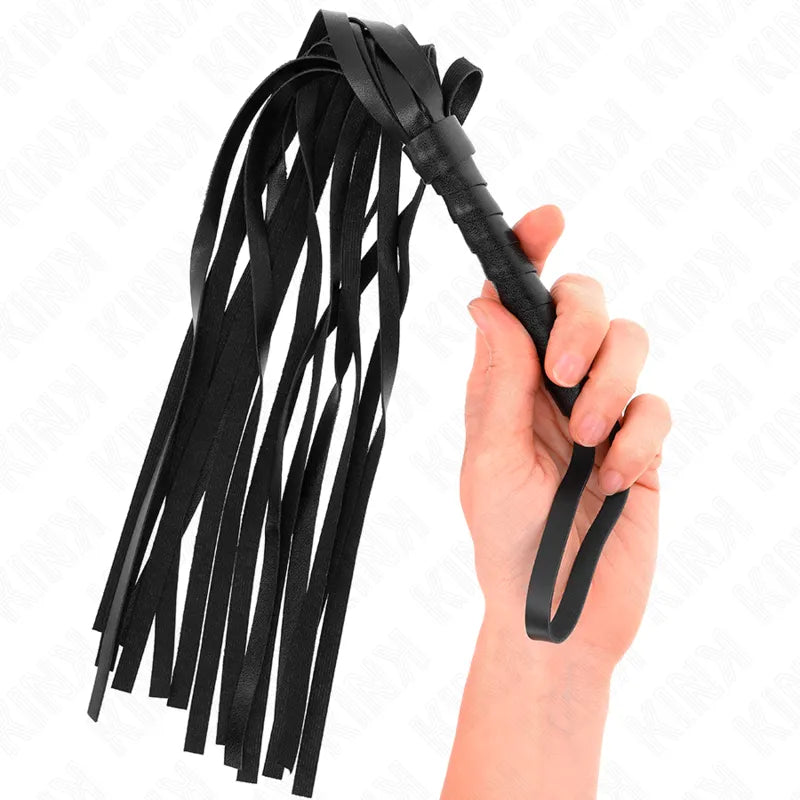 Cravache BDSM en cuir noir, poignée ergonomique, design élégant, lanières longues, accessoire durable pour sensations inte...