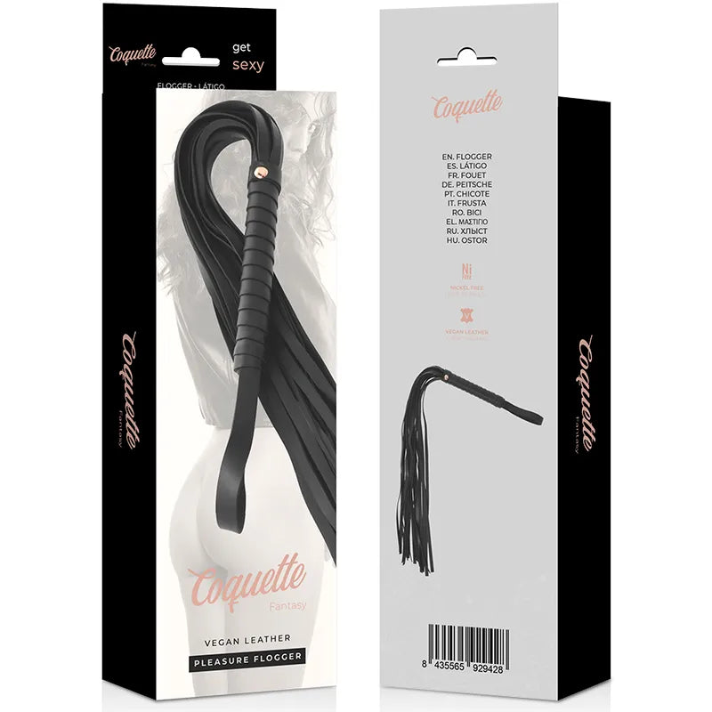 Cravache BDSM cuir vegan noire, manche ergonomique 15cm, longueur totale 28cm, Coquette Chic, élégante et durable.