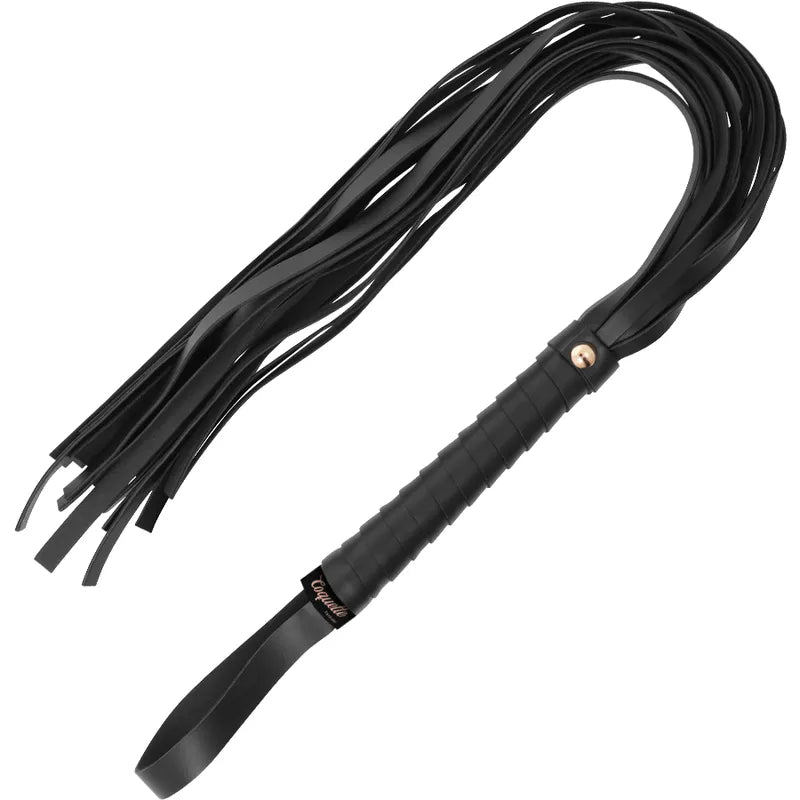 Cravache BDSM noire en cuir vegan, manche ergonomique 15cm, longueur totale 28cm, élégante et durable, Coquette Chic.