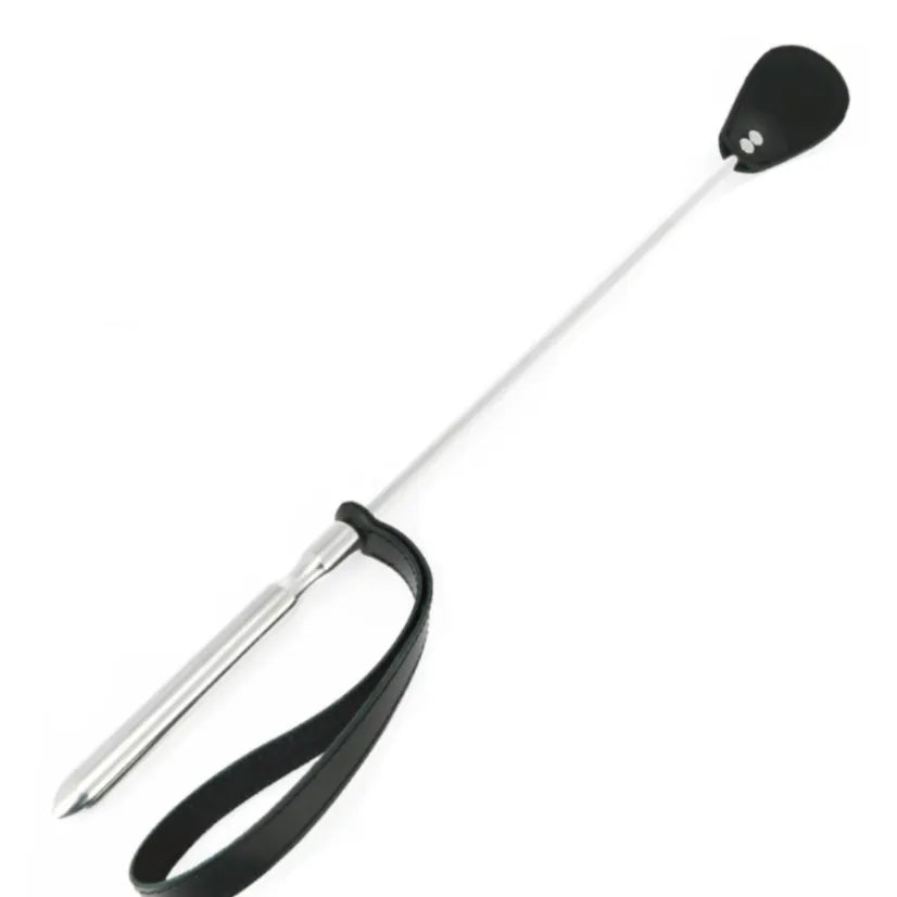 cravache acier inoxydable poli embout ovale cuir double couche robuste prise main longueur 61cm rabat cuir 114x63mm précision raffinée maîtresse