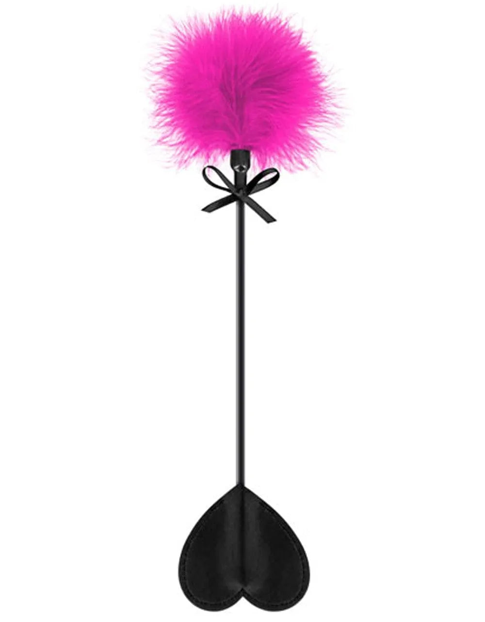 Cravache rose cœur avec plumeau, poignée ergonomique noire, idéale pour jeux de soumission et sensualité romantique.