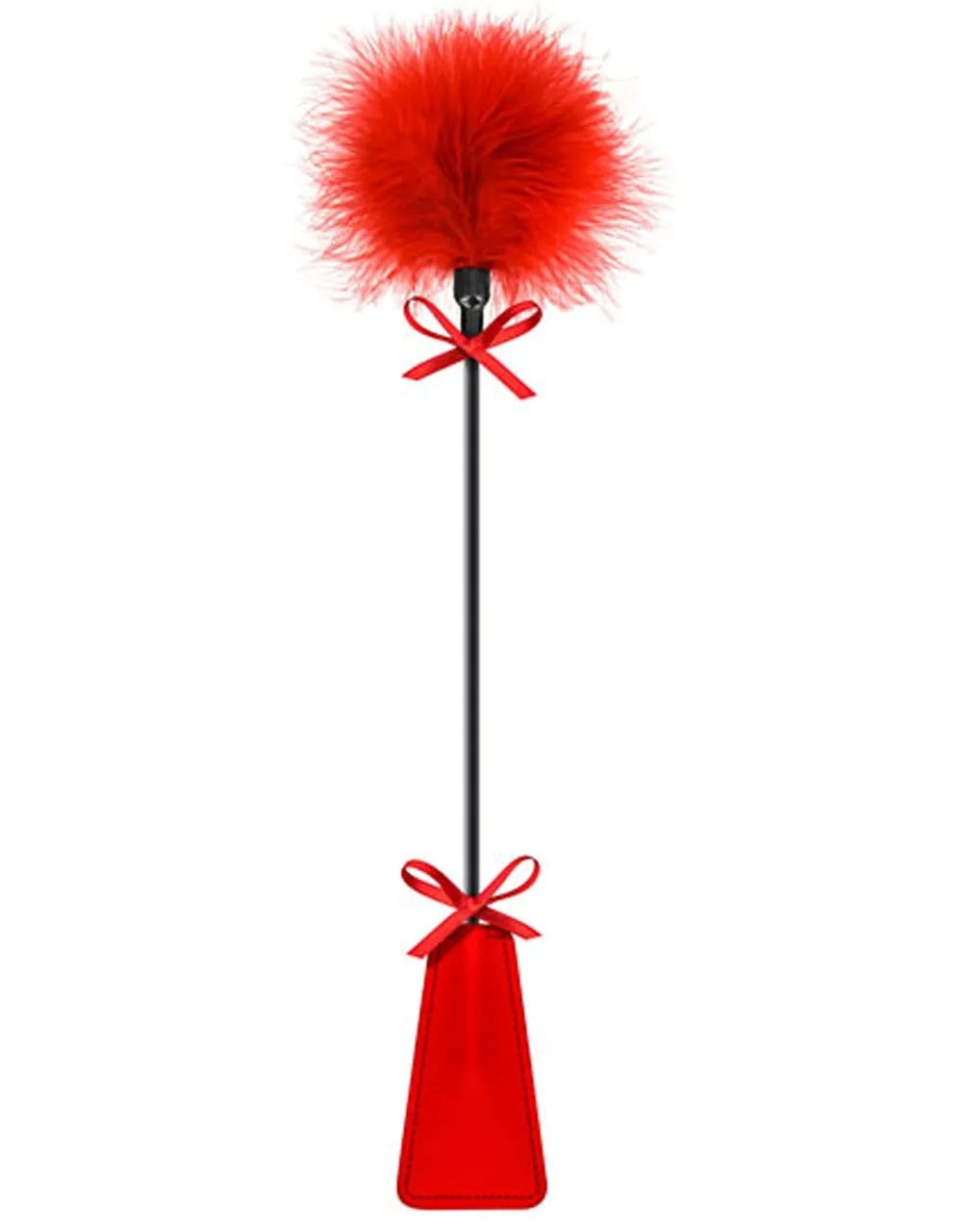 Cravache rouge avec plumeau assorti, finition nœuds, matériaux solides et légers, pour jeux BDSM novices et experts.