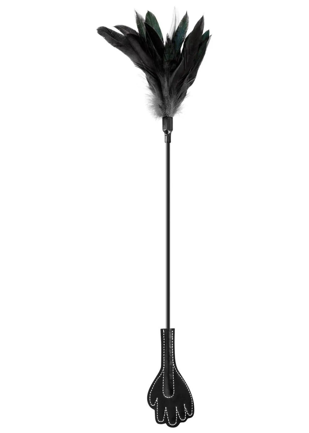 Cravache SM noire avec plumes, manche élégant, embout en forme de main pour fessées précises et caresses délicates.