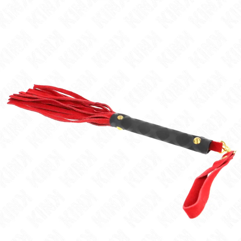Cravache BDSM en cuir rouge et noir, poignée ergonomique, design luxueux, idéale pour débutants et experts.