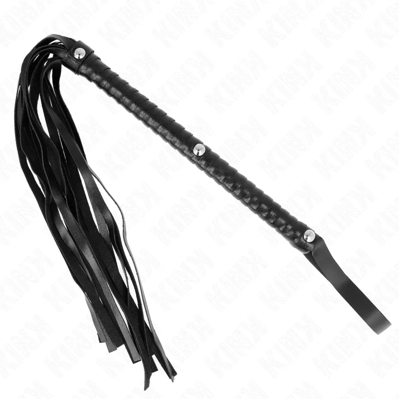 Cravache BDSM noire en cuir haute qualité, design élégant avec lanières, idéale pour novices et experts.
