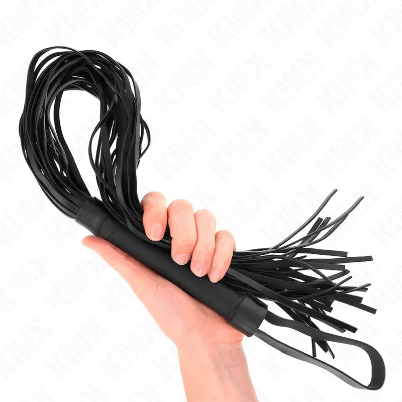Cravache BDSM noire en cuir véritable, poignée sculptée ergonomique, longueur réglable, design élégant et discret.